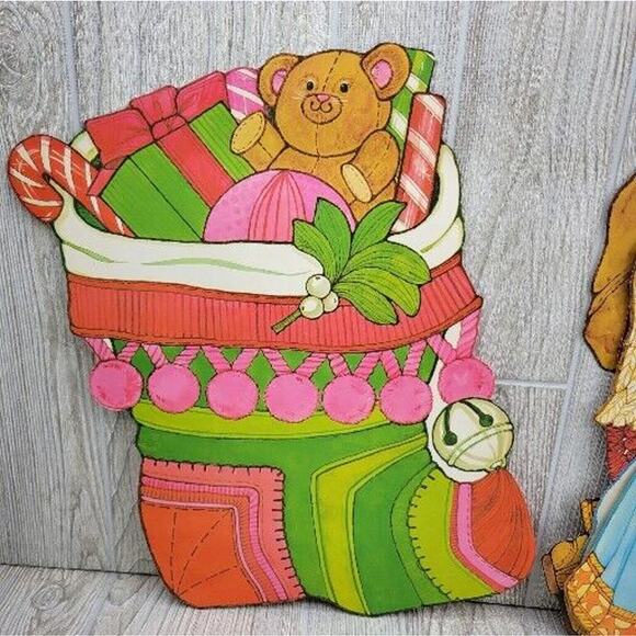 Vintage Christmas Diecut 2 Sided Wall Window Snowman Angel Santa Stocking 4pc - Picture 9 of 11